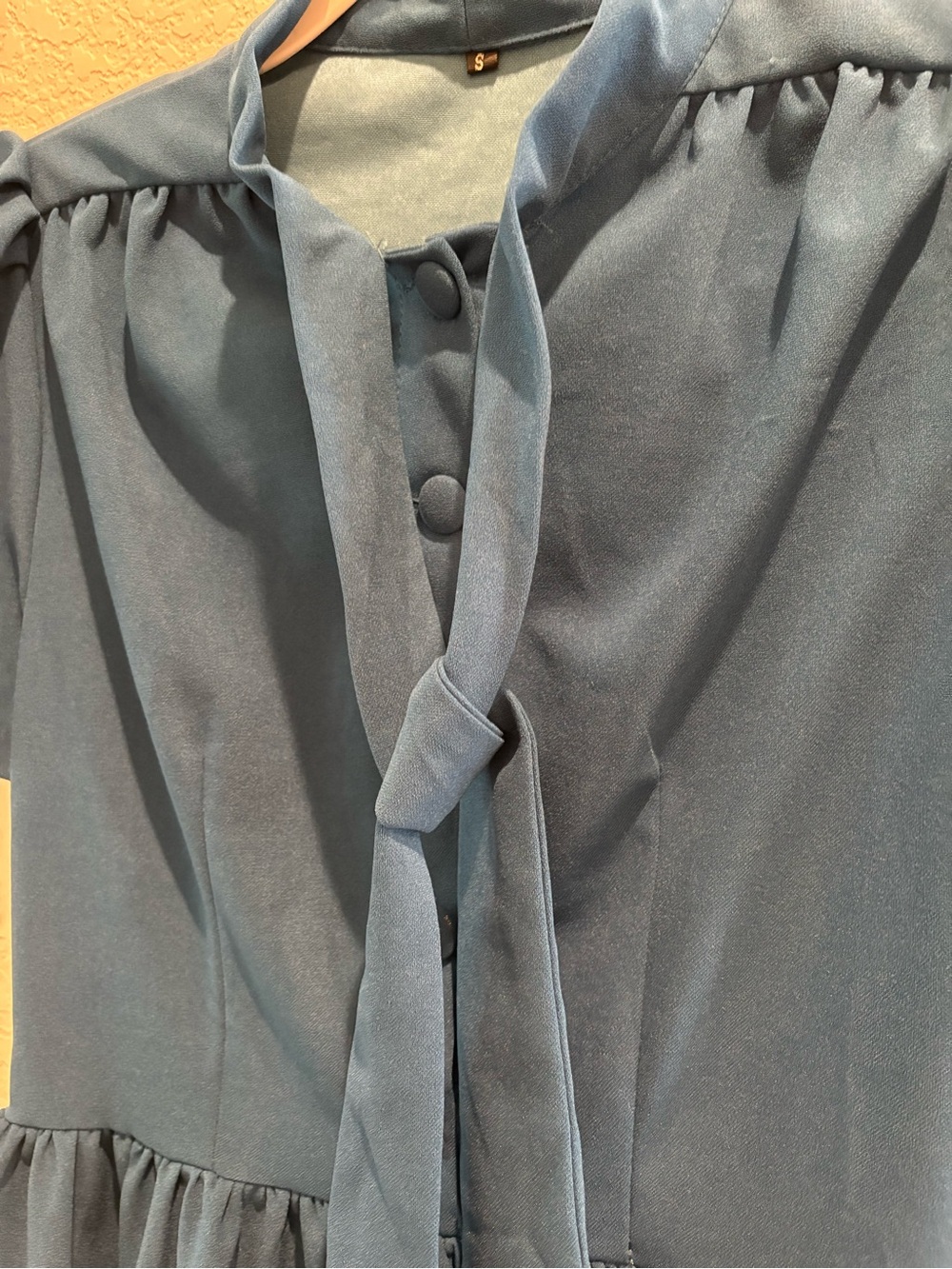 Women’s' Teal Bow Neck Short Sleeve Button Up Dress - Picture 6 of 6